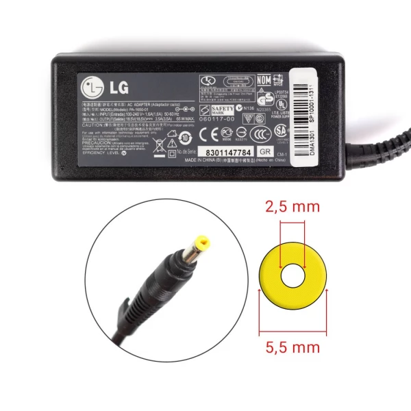 Billig LG 65W strömkälla 18.5V 3.5A med 4.5mm x 3.0mm kontakt - Original SE leverans Asus 65W 18.5V 3.5A laddare med 5.5mm x 2.5mm stik - Original