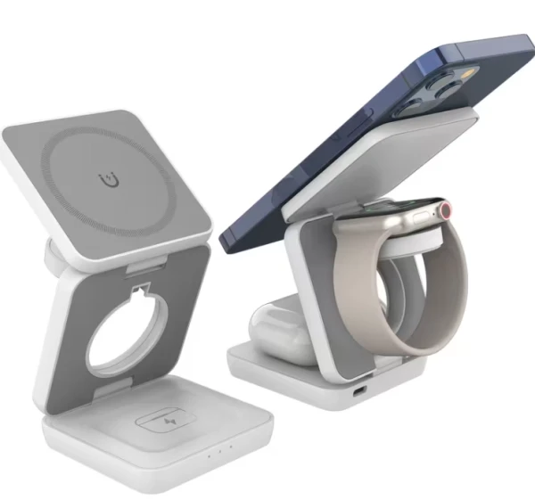 Magnetisk trådlös laddare 15W 3-i-1 – vit/grå Magnetisk trådlös laddare 15W 3-i-1 – vit/grå