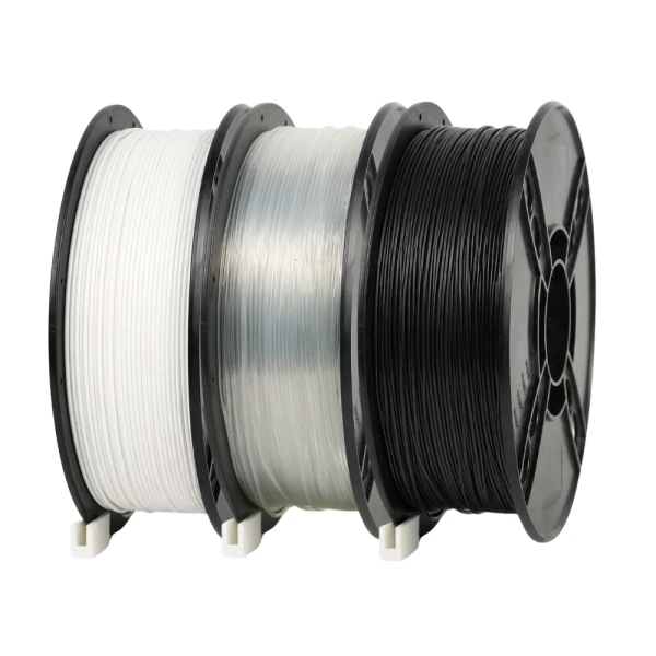 SKILPRO &ndash; PETG filamentpaket &ndash; transparent, vit och svart &ndash; 3 x 1 kg